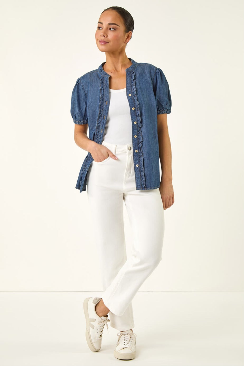 Roman Indigo Petite Frill Front Buttoned Blouse