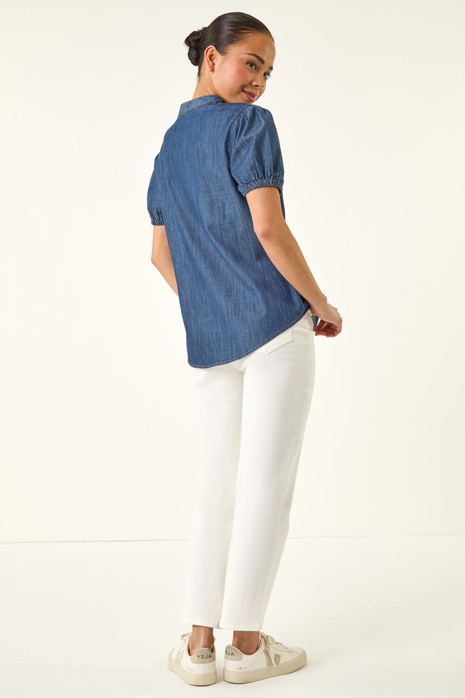 Roman Indigo Petite Frill Front Buttoned Blouse