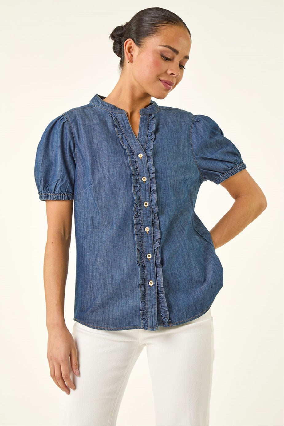 Roman Indigo Petite Frill Front Buttoned Blouse