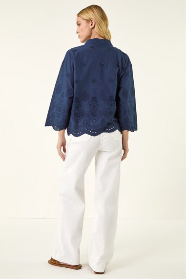 Roman Navy Broderie Hem Buttoned Shirt