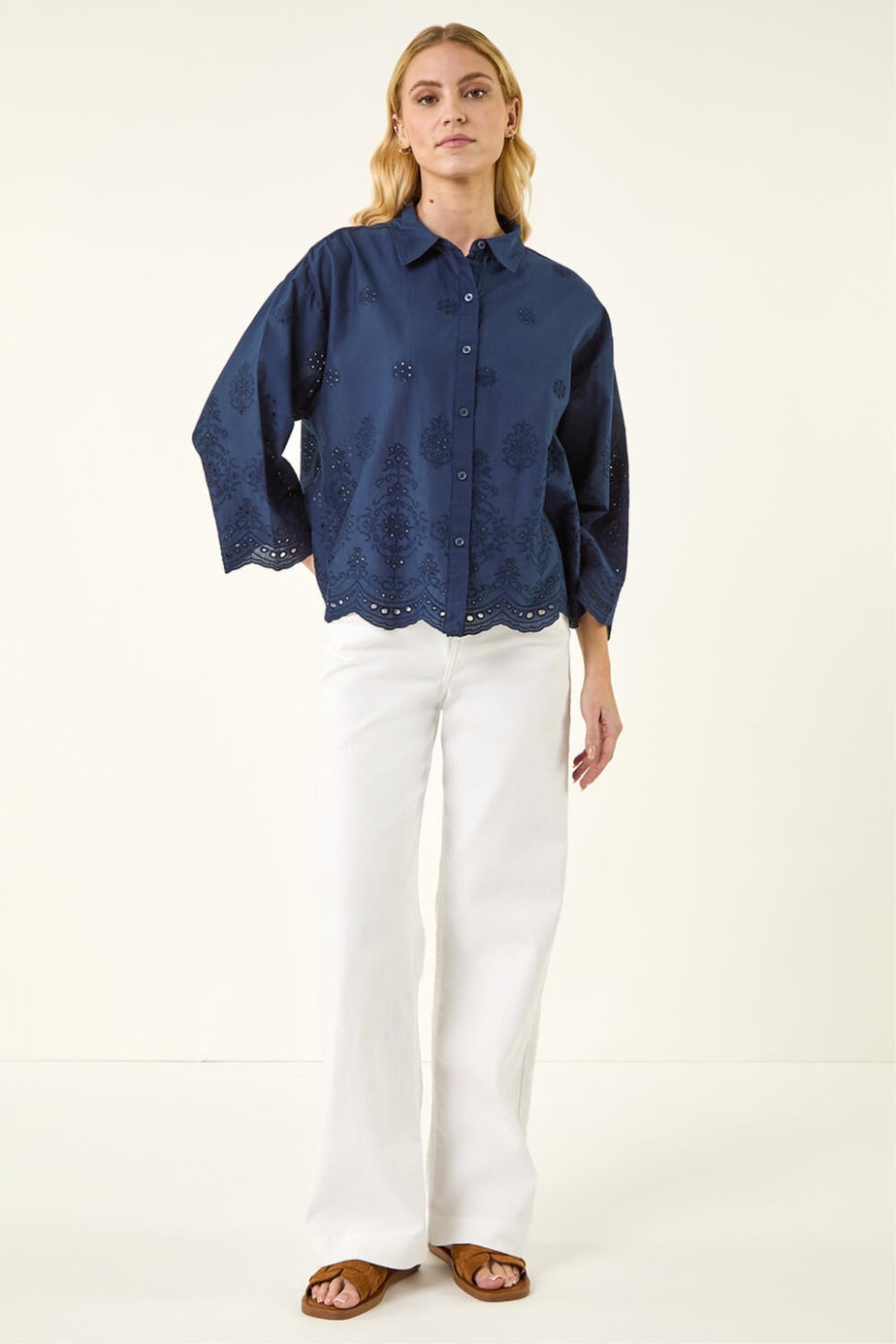 Roman Navy Broderie Hem Buttoned Shirt