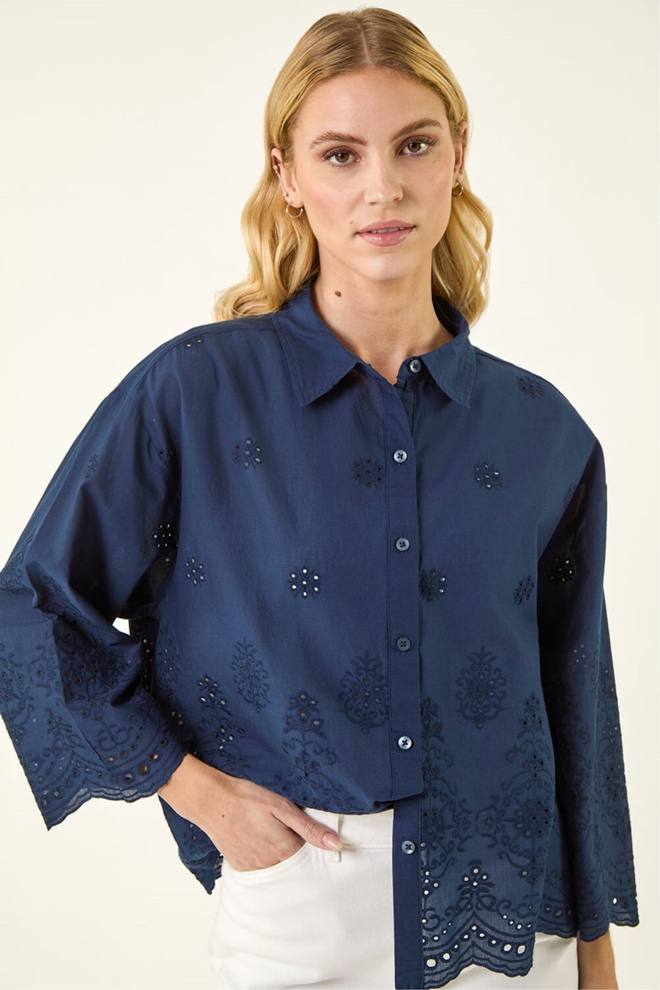 Roman Navy Broderie Hem Buttoned Shirt