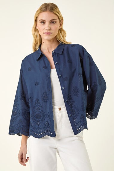 Roman Navy Broderie Hem Buttoned Shirt