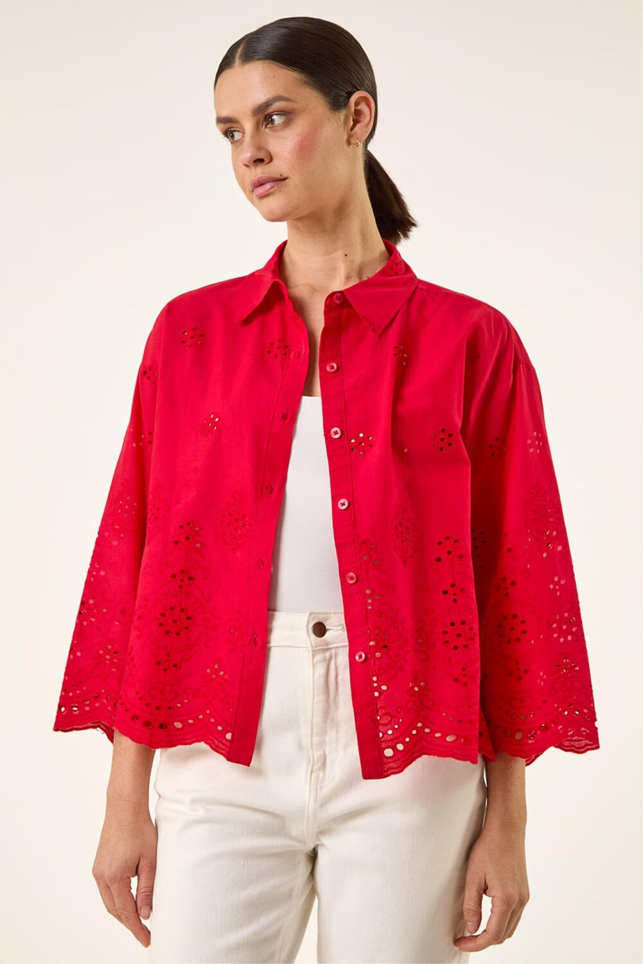 Roman Red Broderie Hem Buttoned Shirt