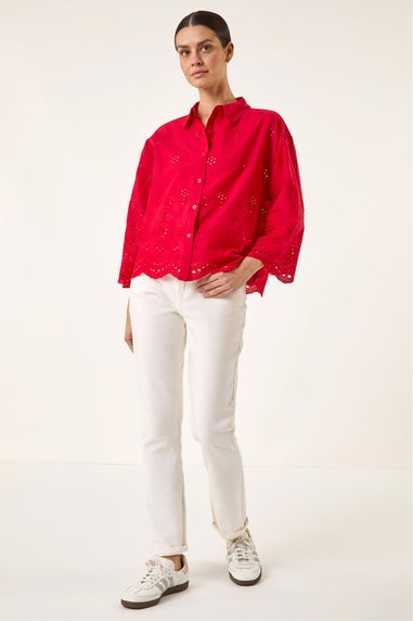 Roman Red Broderie Hem Buttoned Shirt