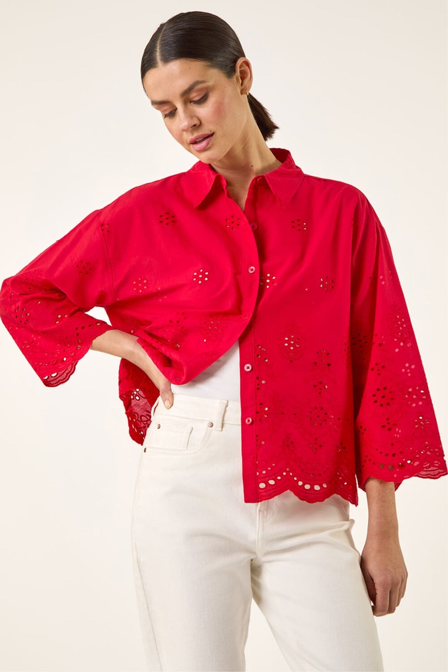 Roman Red Broderie Hem Buttoned Shirt