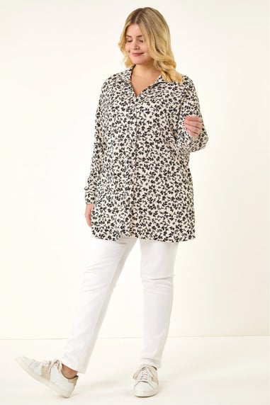 Roman Black Curve Floral Textured Blouse