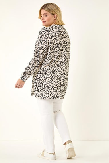 Roman Black Curve Floral Textured Blouse