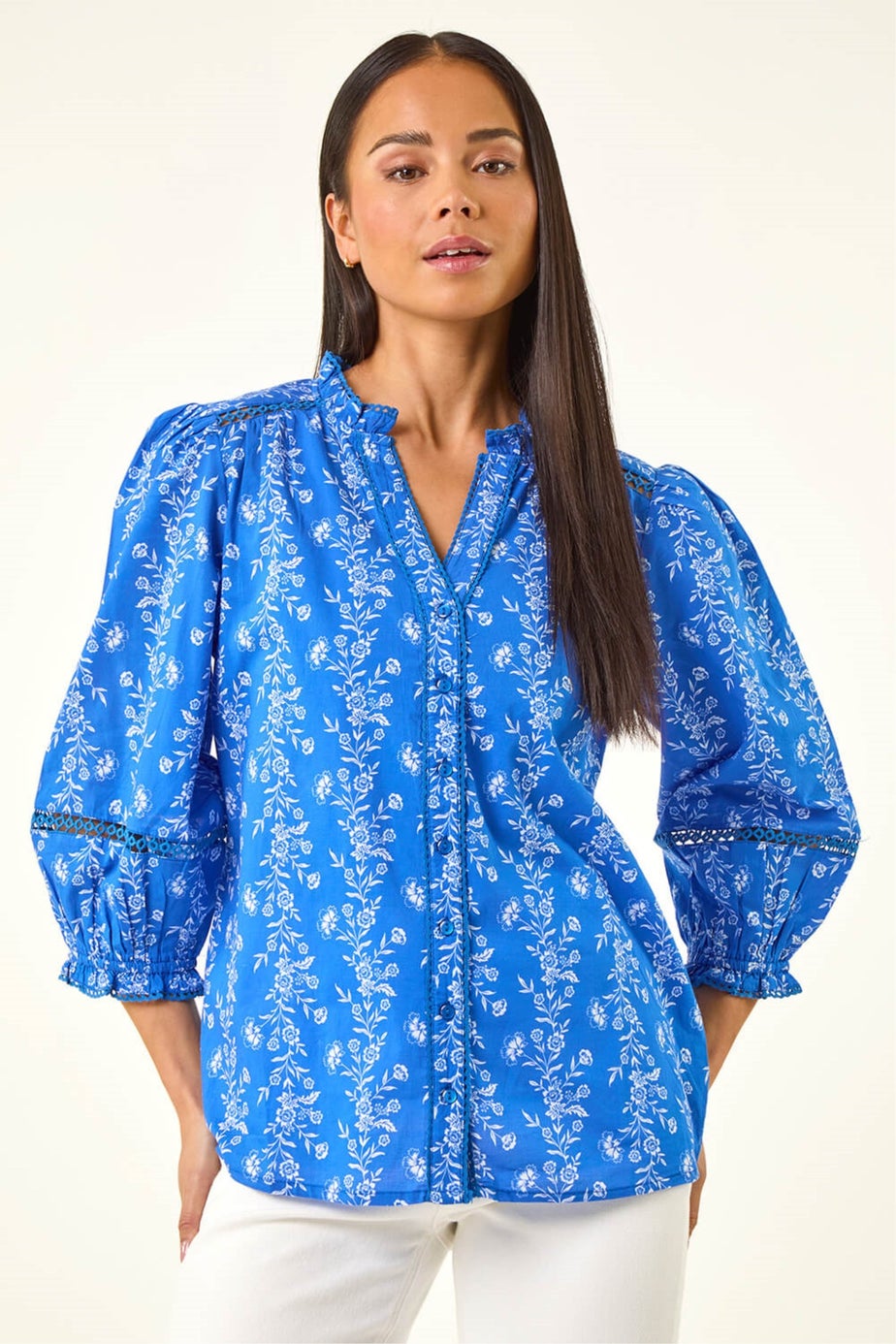 Roman Blue Petite Floral Buttoned Blouse