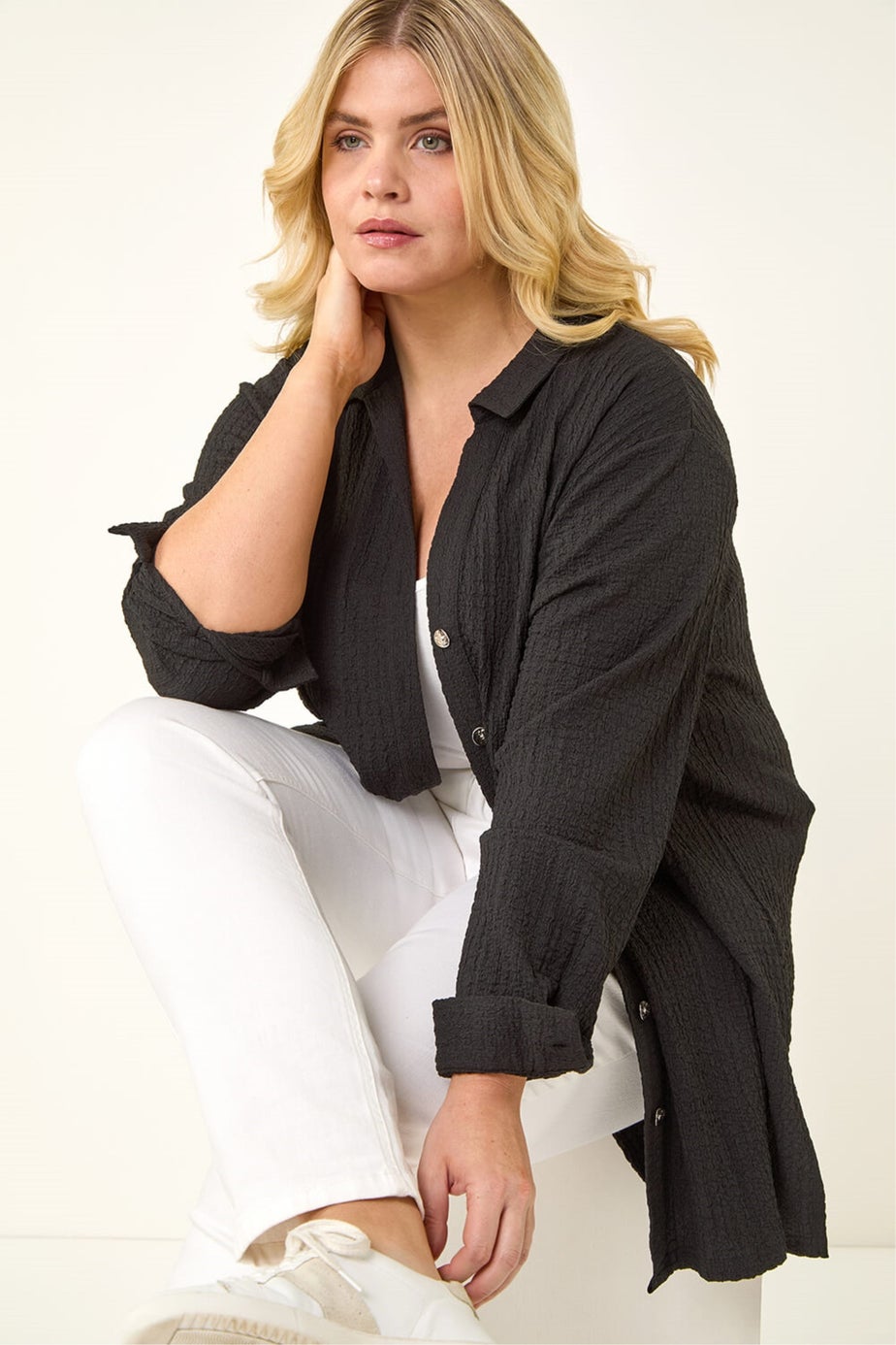 Roman Black Curve Textured Blouse