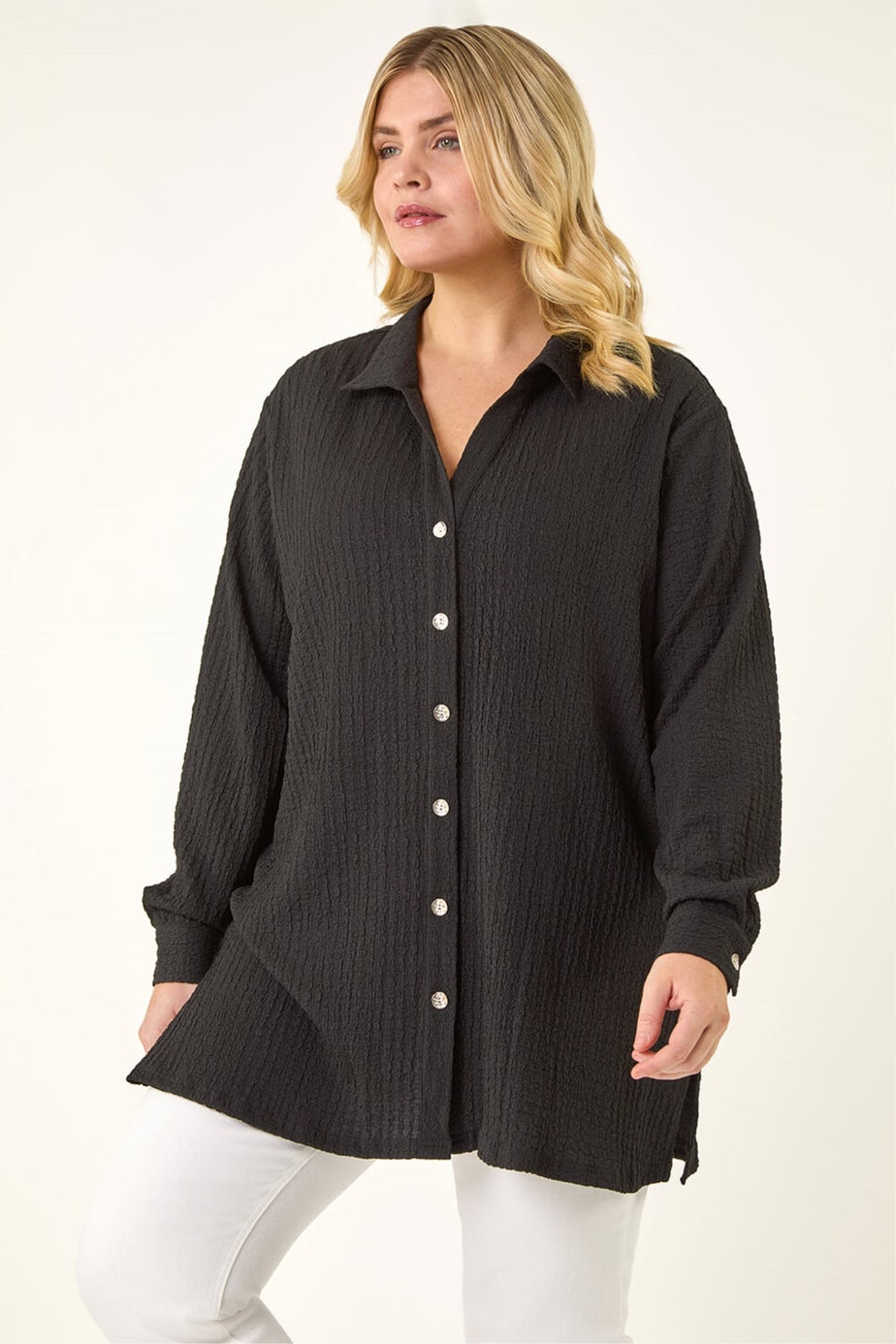 Roman Black Curve Textured Blouse