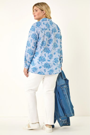 Roman Blue Curve Stripe Floral Print Blouse