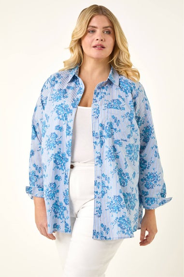 Roman Blue Curve Stripe Floral Print Blouse