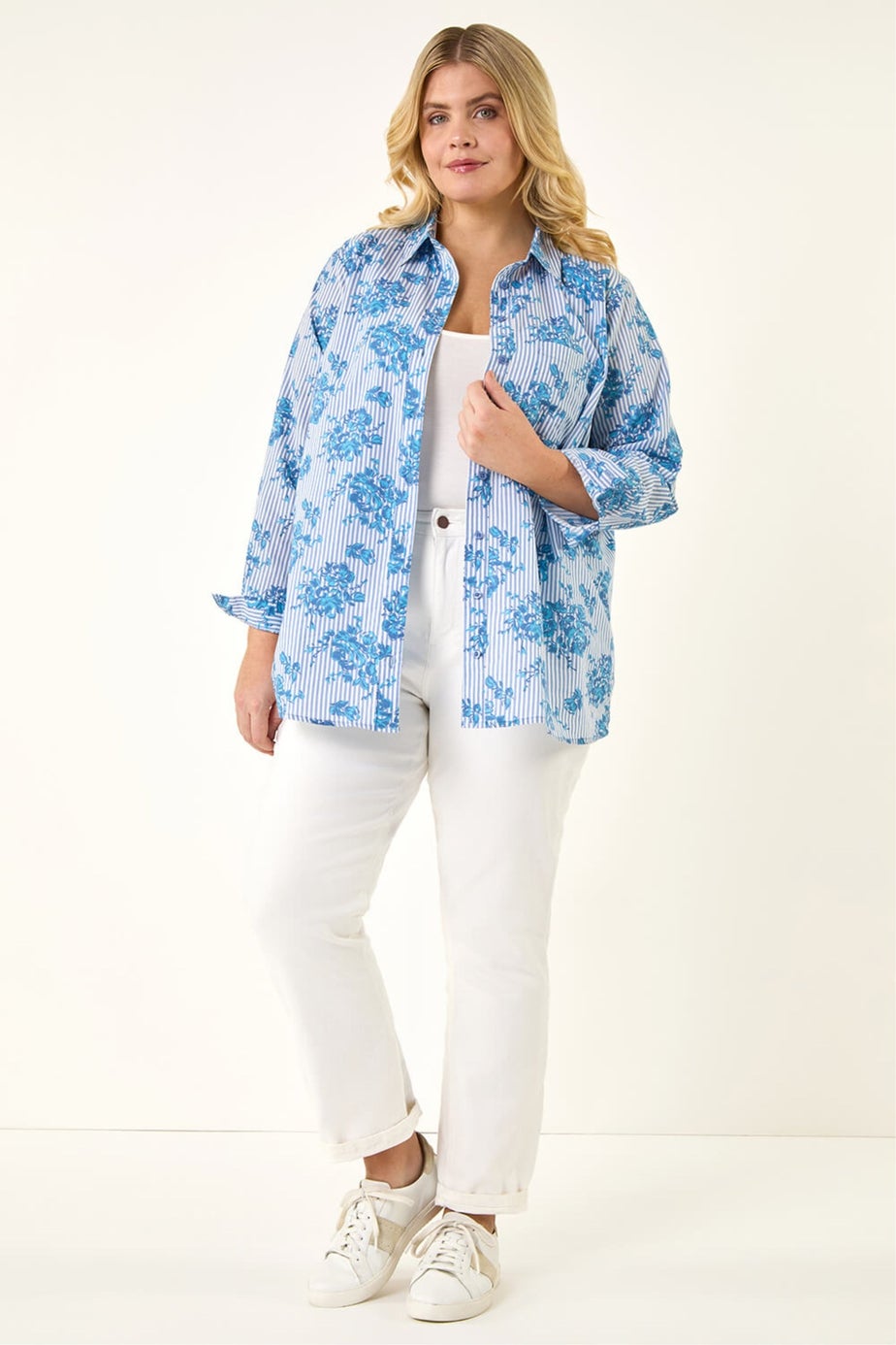 Roman Blue Curve Stripe Floral Print Blouse