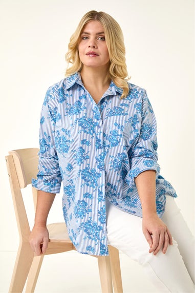 Roman Blue Curve Stripe Floral Print Blouse