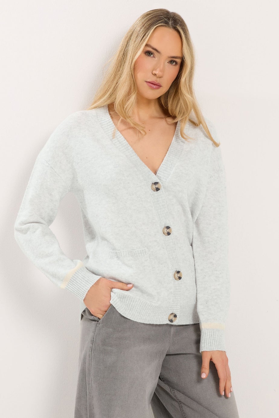 Long Tall Sally Grey Tipped Detail Knitted Cardigan