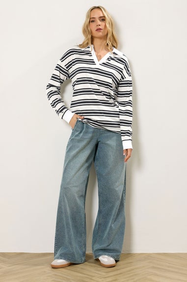 Long Tall Sally Navy Blue Double Stripe Rugby Polo T-Shirt