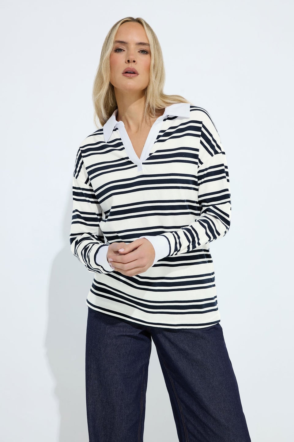 Long Tall Sally Navy Blue Double Stripe Rugby Polo T-Shirt