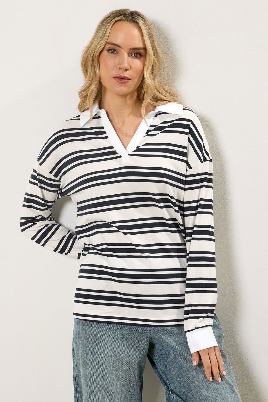 Long Tall Sally Navy Blue Double Stripe Rugby Polo T-Shirt