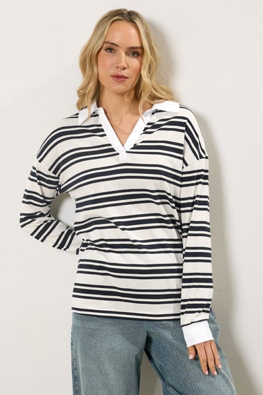 Long Tall Sally Navy Blue Double Stripe Rugby Polo T-Shirt