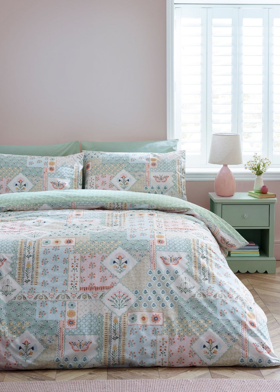 Catherine Lansfield Folk Patchwork Reversible Duvet Cover Set Green