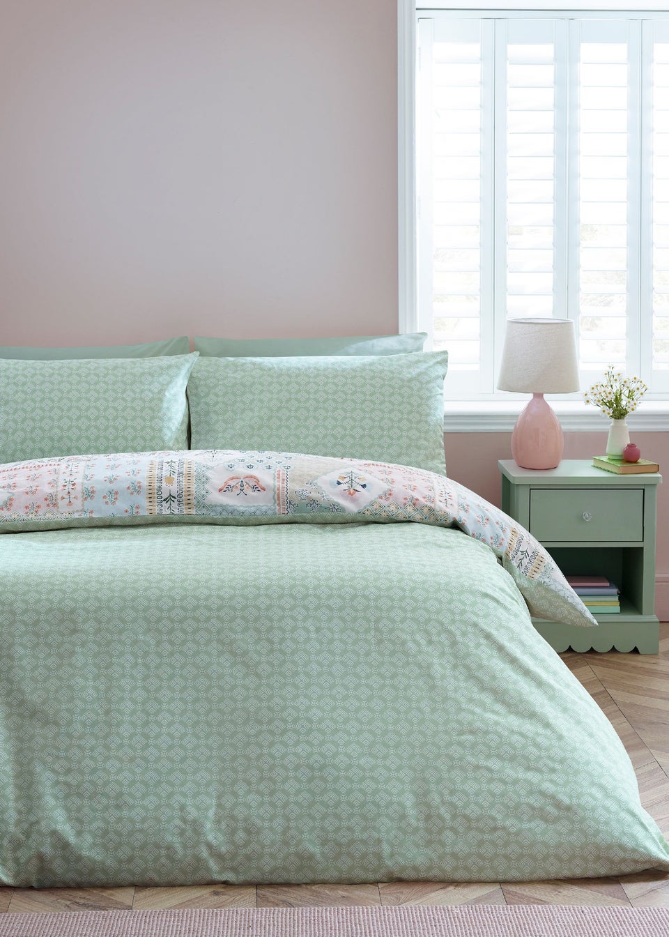 Catherine Lansfield Folk Patchwork Reversible Duvet Cover Set Green