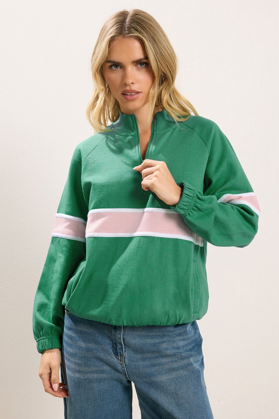 PixieGirl Petite Green Stripe Quarter Zip Sweatshirt