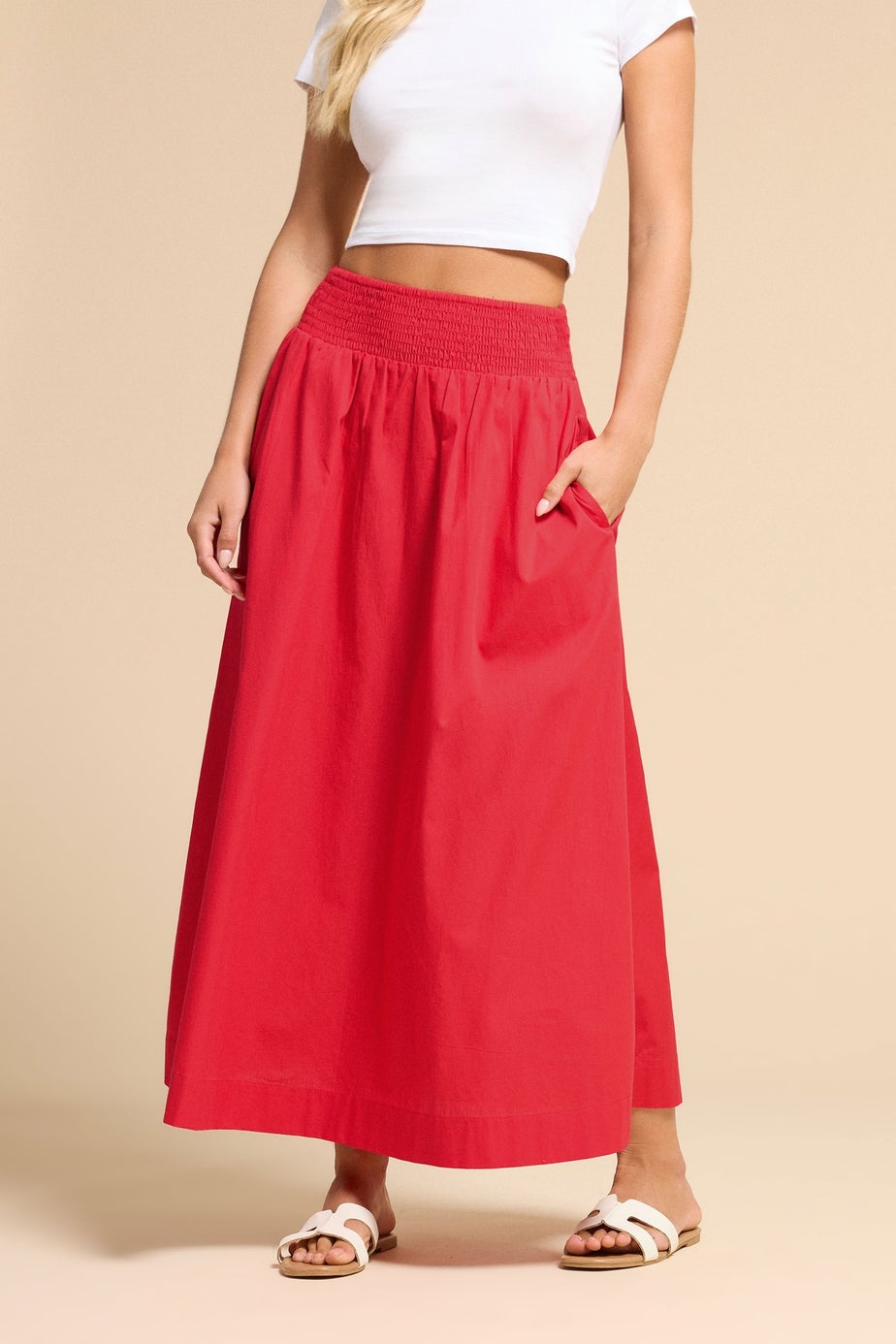 PixieGirl Petite Red Shirred Poplin Maxi Skirt