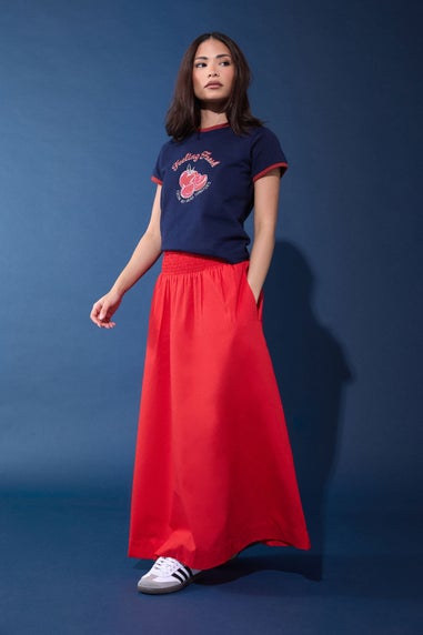 PixieGirl Petite Red Shirred Poplin Maxi Skirt