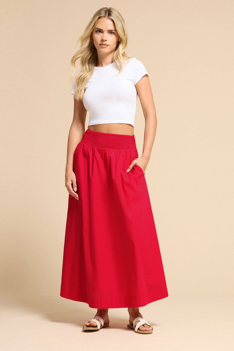 PixieGirl Petite Red Shirred Poplin Maxi Skirt
