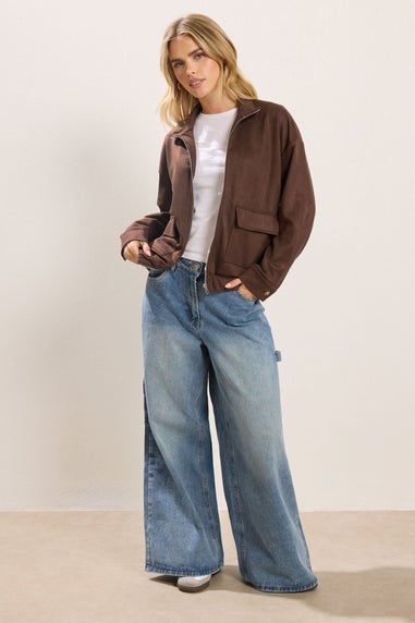 PixieGirl Petite Chocolate Brown Faux Suede Bomber Jacket