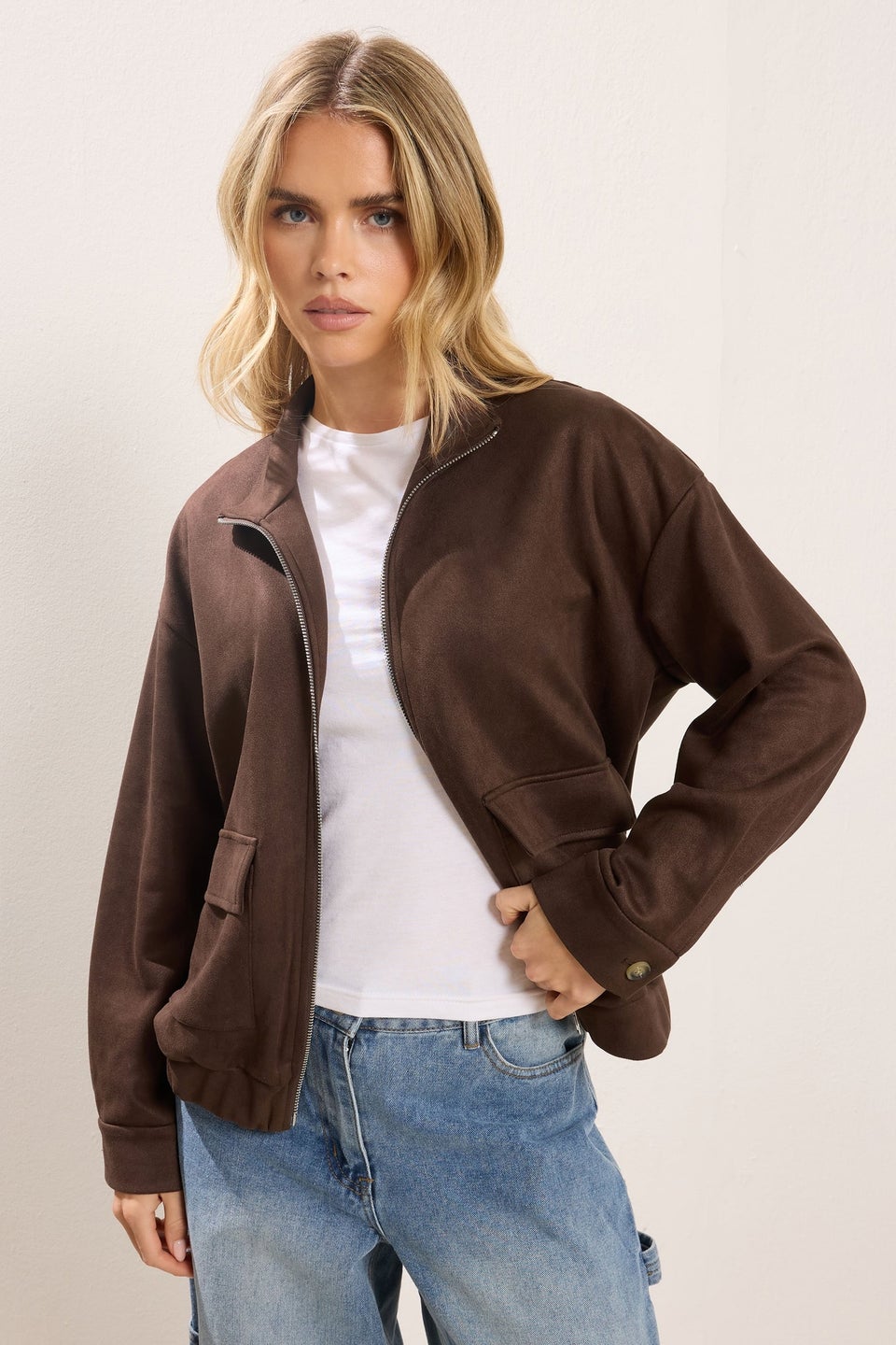 PixieGirl Petite Chocolate Brown Faux Suede Bomber Jacket