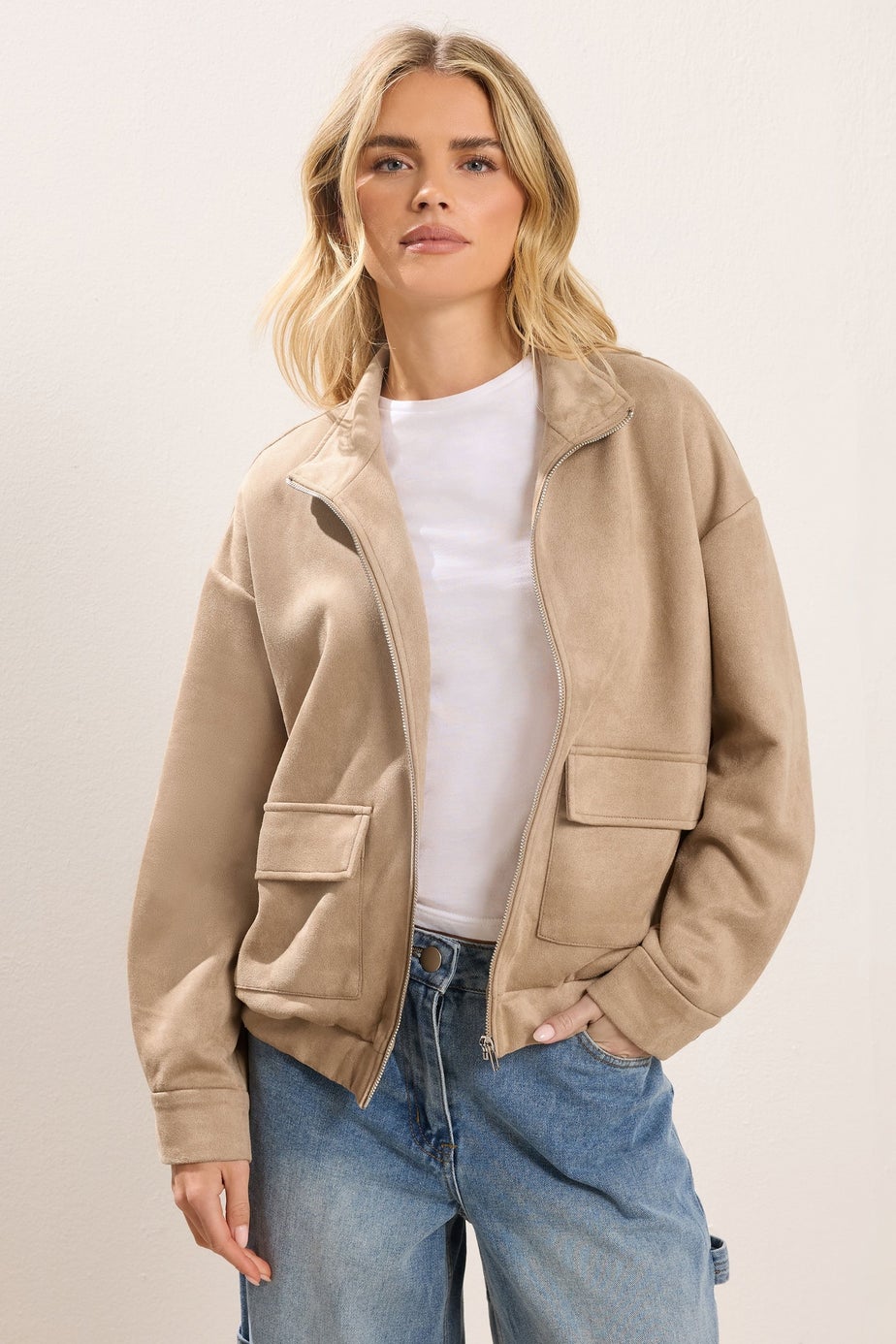 PixieGirl Petite Natural Brown Faux Suede Bomber Jacket