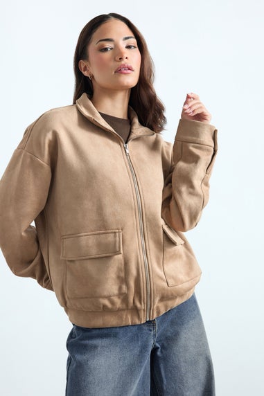 PixieGirl Petite Natural Brown Faux Suede Bomber Jacket