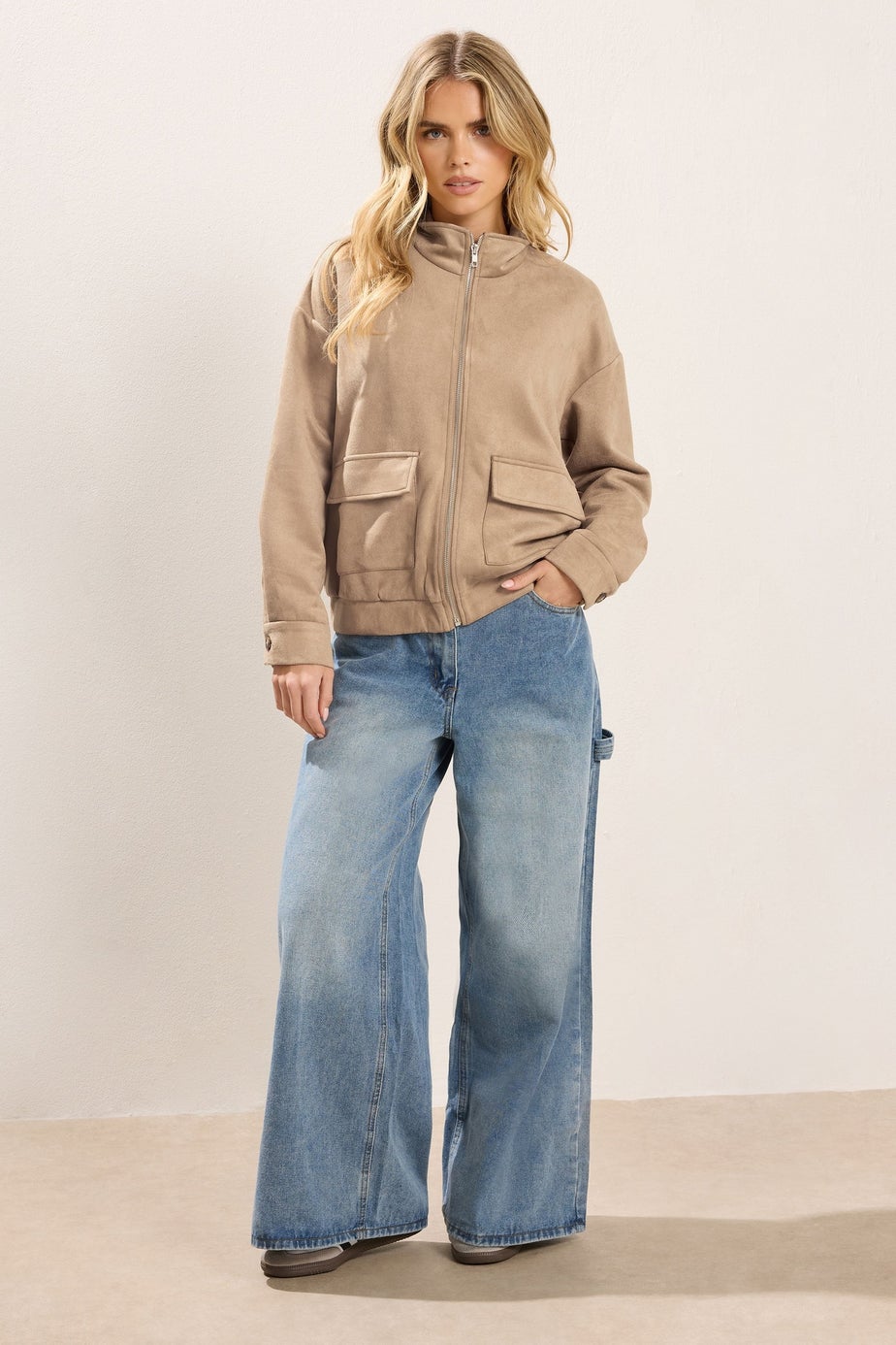 PixieGirl Petite Natural Brown Faux Suede Bomber Jacket