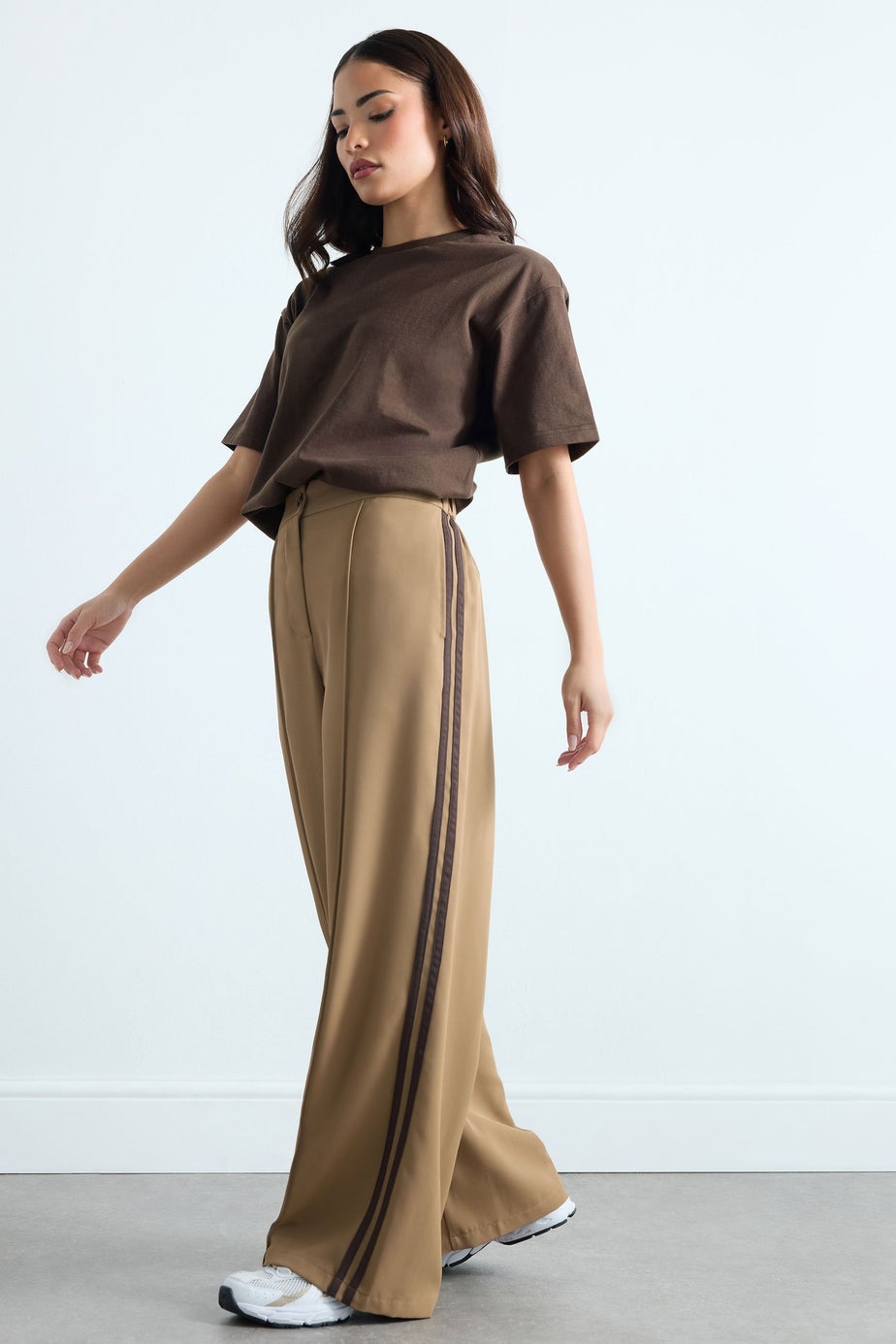 PixieGirl Petite Mocha Brown Side Stripe Wide Leg Trousers