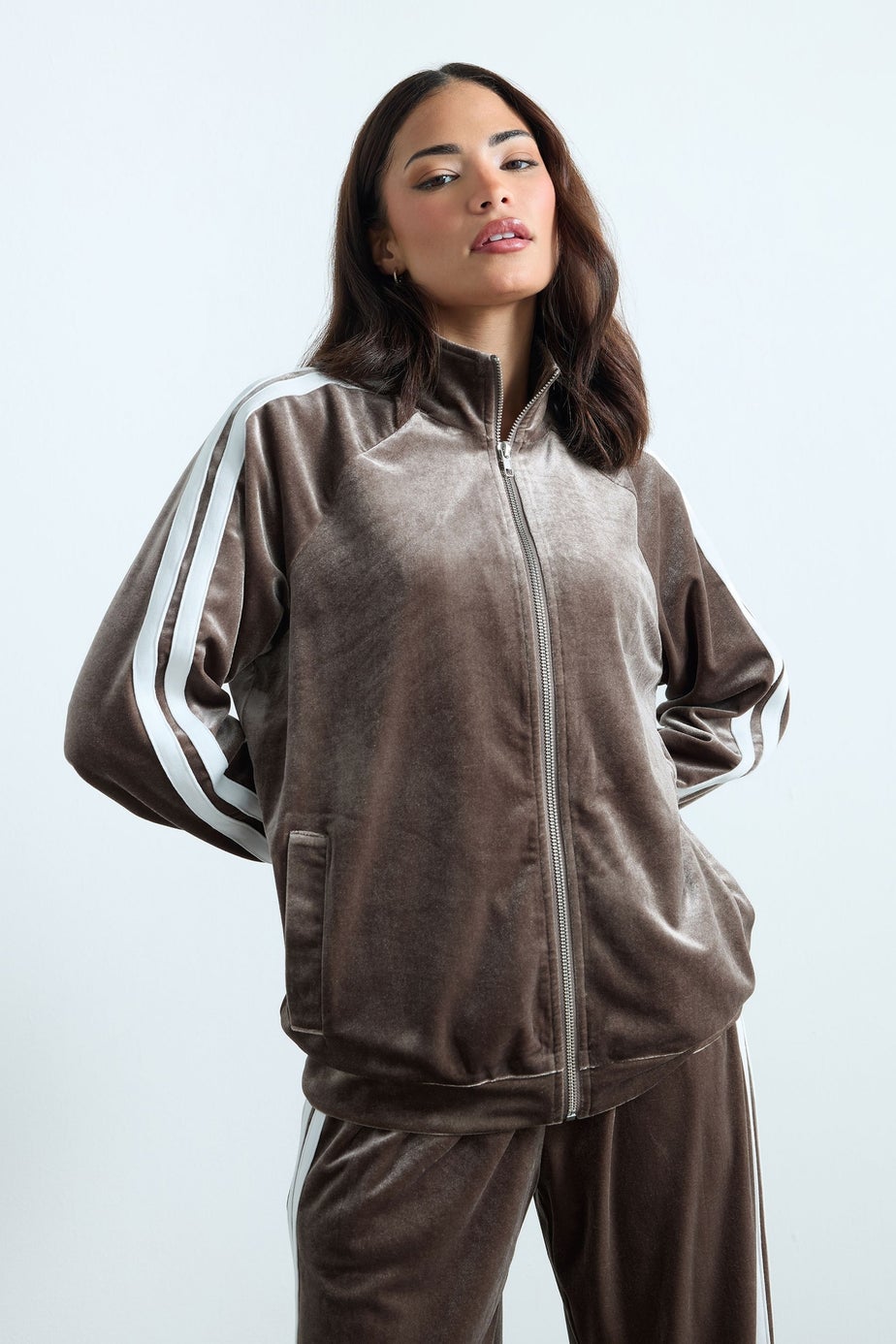 PixieGirl Petite Brown Side Stripe Velvet Jacket