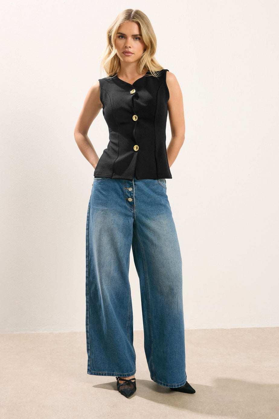 PixieGirl Petite Black Button Sleeveless Top