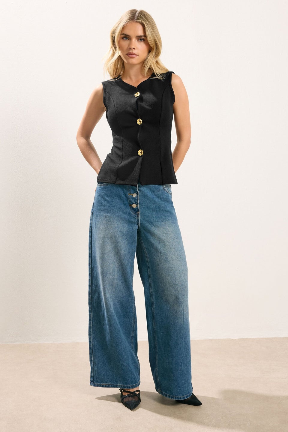 PixieGirl Petite Black Button Sleeveless Top