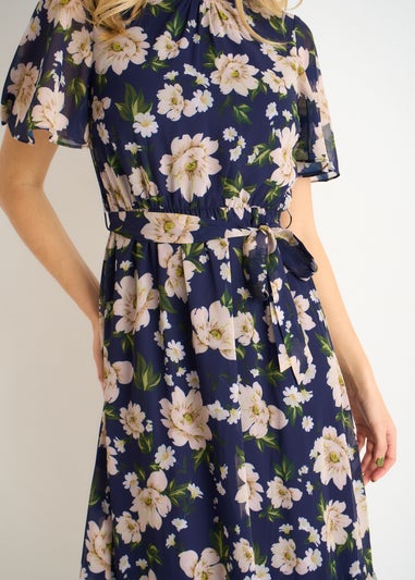 Gini London Navy Floral Print Fit & Flare Midi Dress