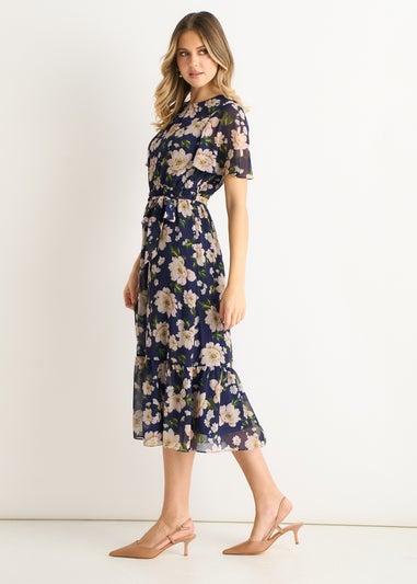 Gini London Navy Floral Print Fit & Flare Midi Dress