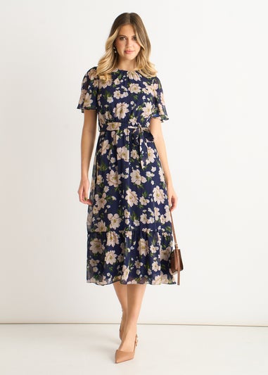 Gini London Navy Floral Print Fit & Flare Midi Dress