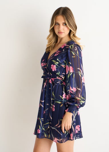 Gini London Navy Floral Print Shimmer Stripe Chiffon Wrap Mini Dress