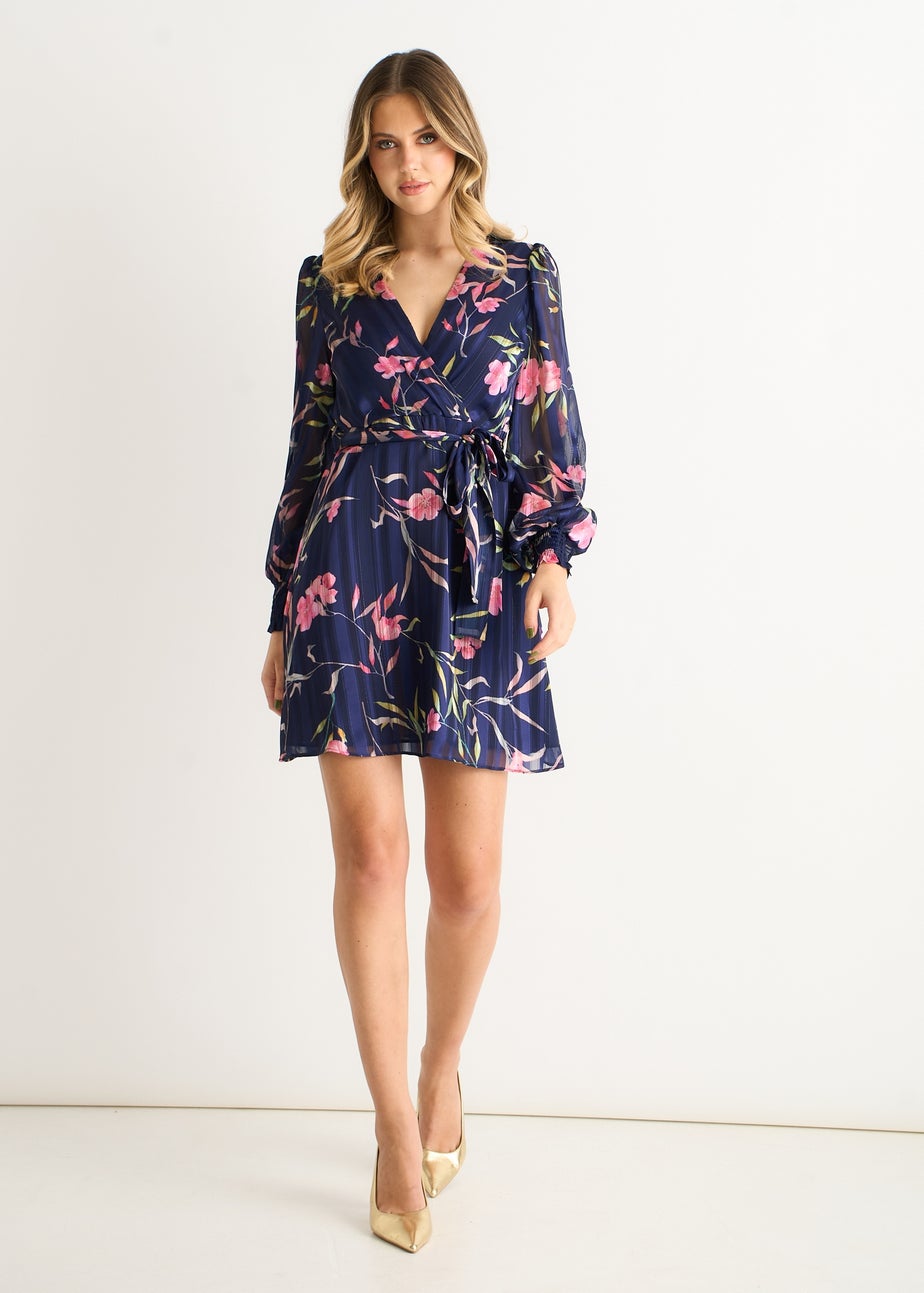 Gini London Navy Floral Print Shimmer Stripe  Chiffon Wrap Mini Dress
