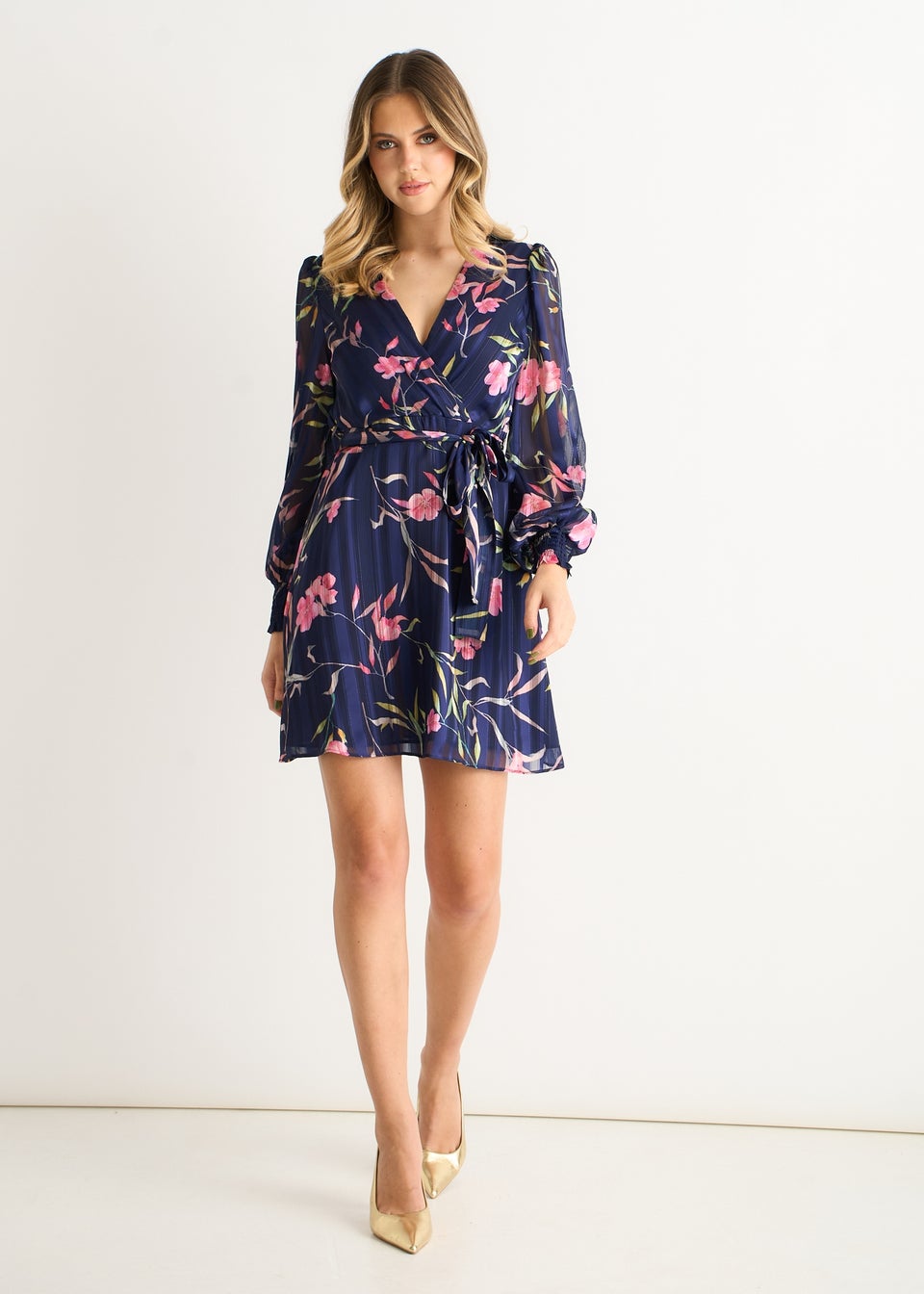 Gini London Navy Floral Print Shimmer Stripe Chiffon Wrap Mini Dress