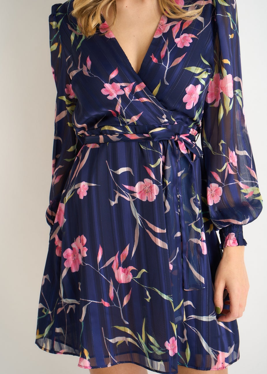 Gini London Navy Floral Print Shimmer Stripe Chiffon Wrap Mini Dress