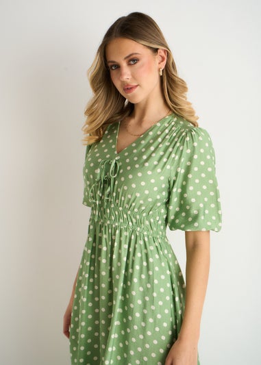 Gini London Sage Green Spot Print Shirred Waist Shift Midi Dress