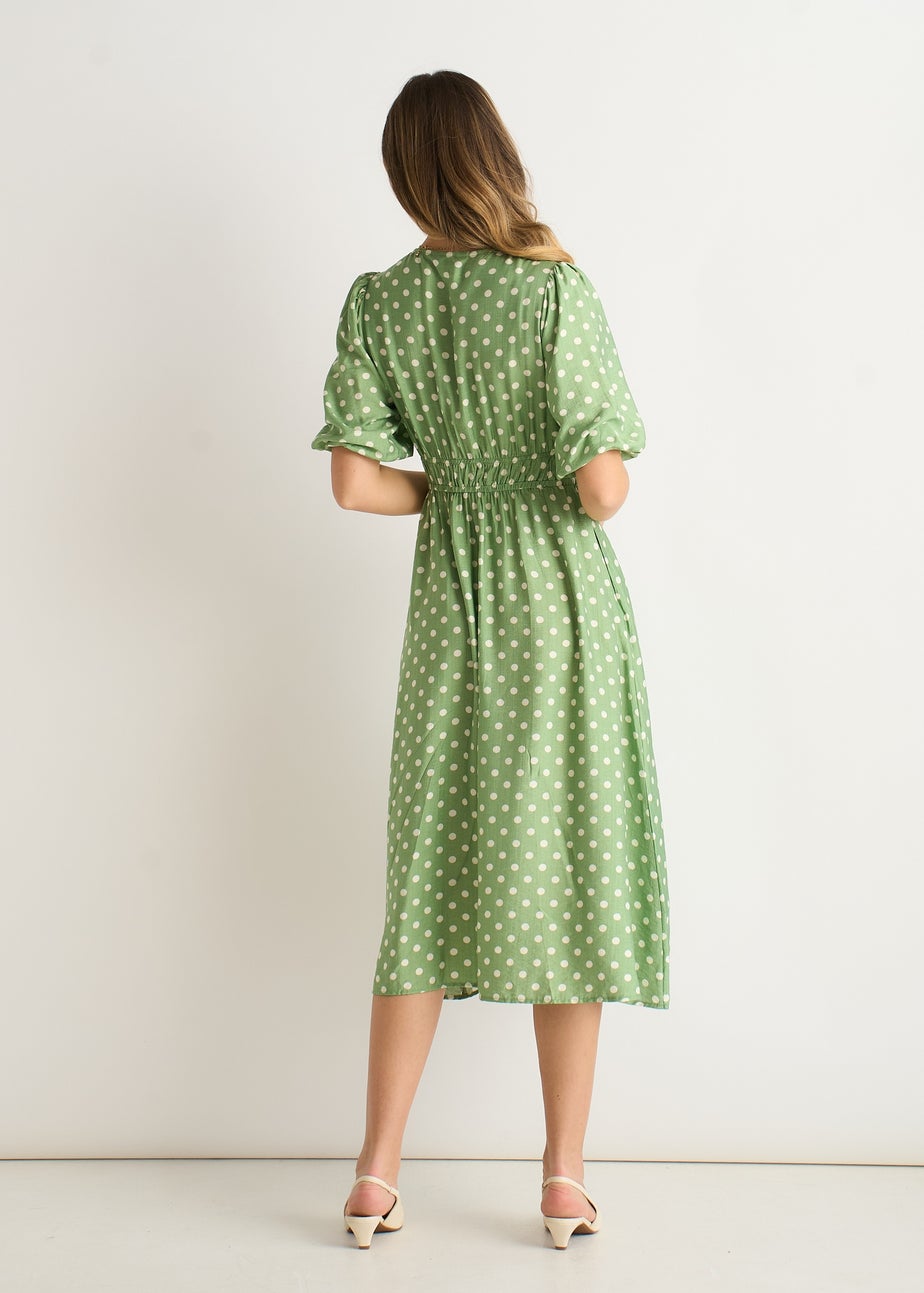 Gini London Sage Green Spot Print Shirred Waist Shift Midi Dress
