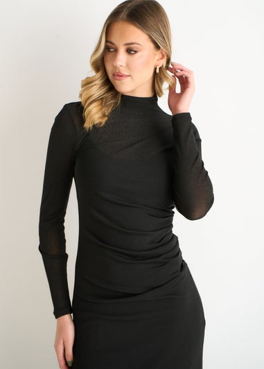 Gini London Black Ruched Jersey Long Sleeves Midi Dress