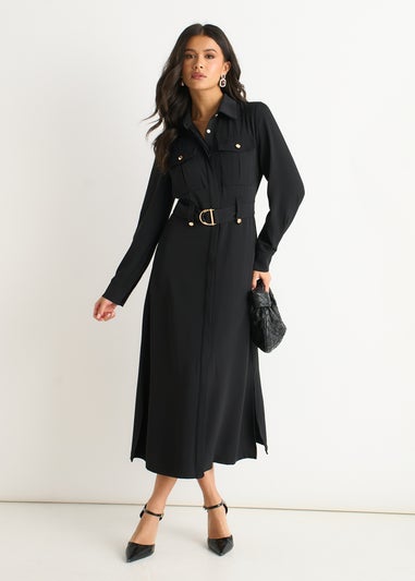 Gini London Black Luxe Gold Button Utility Shirt Dress